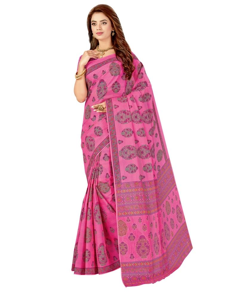 Hot Pink Coloured Cotton Printed Casual saree