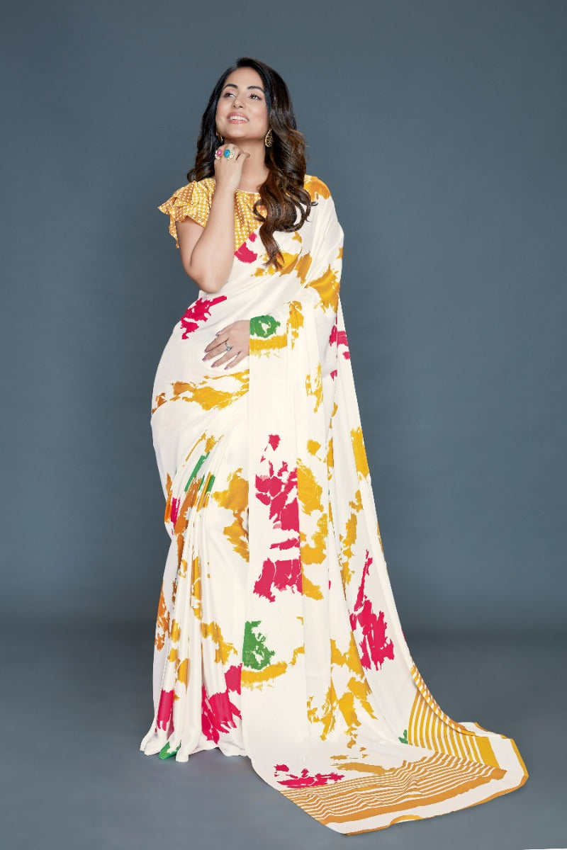 White Coloured silk Satin Printed Saree