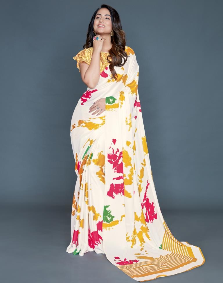 White Coloured silk Satin Printed Saree