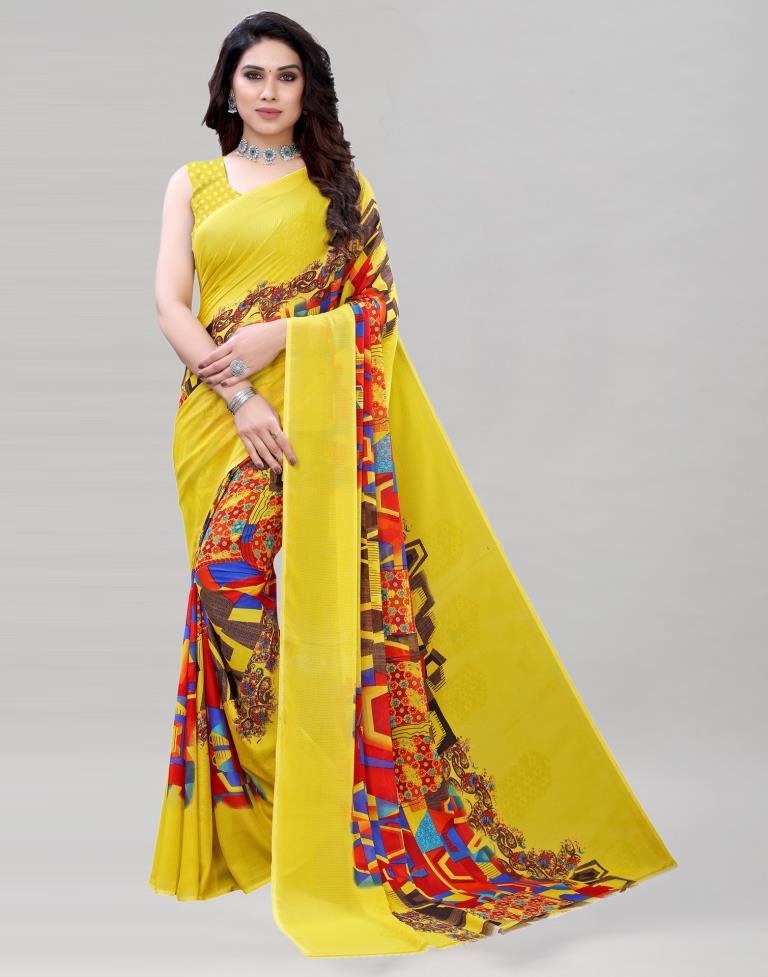 Lemon Yellow Printed Saree | 1923S336