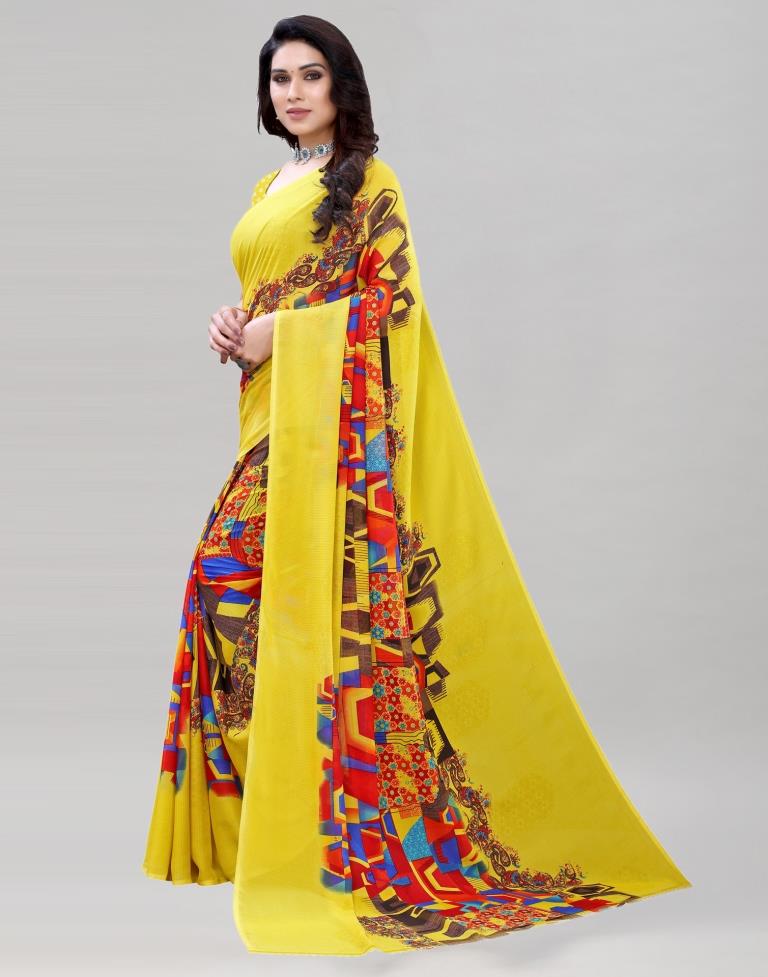 Lemon Yellow Printed Saree | 1923S336