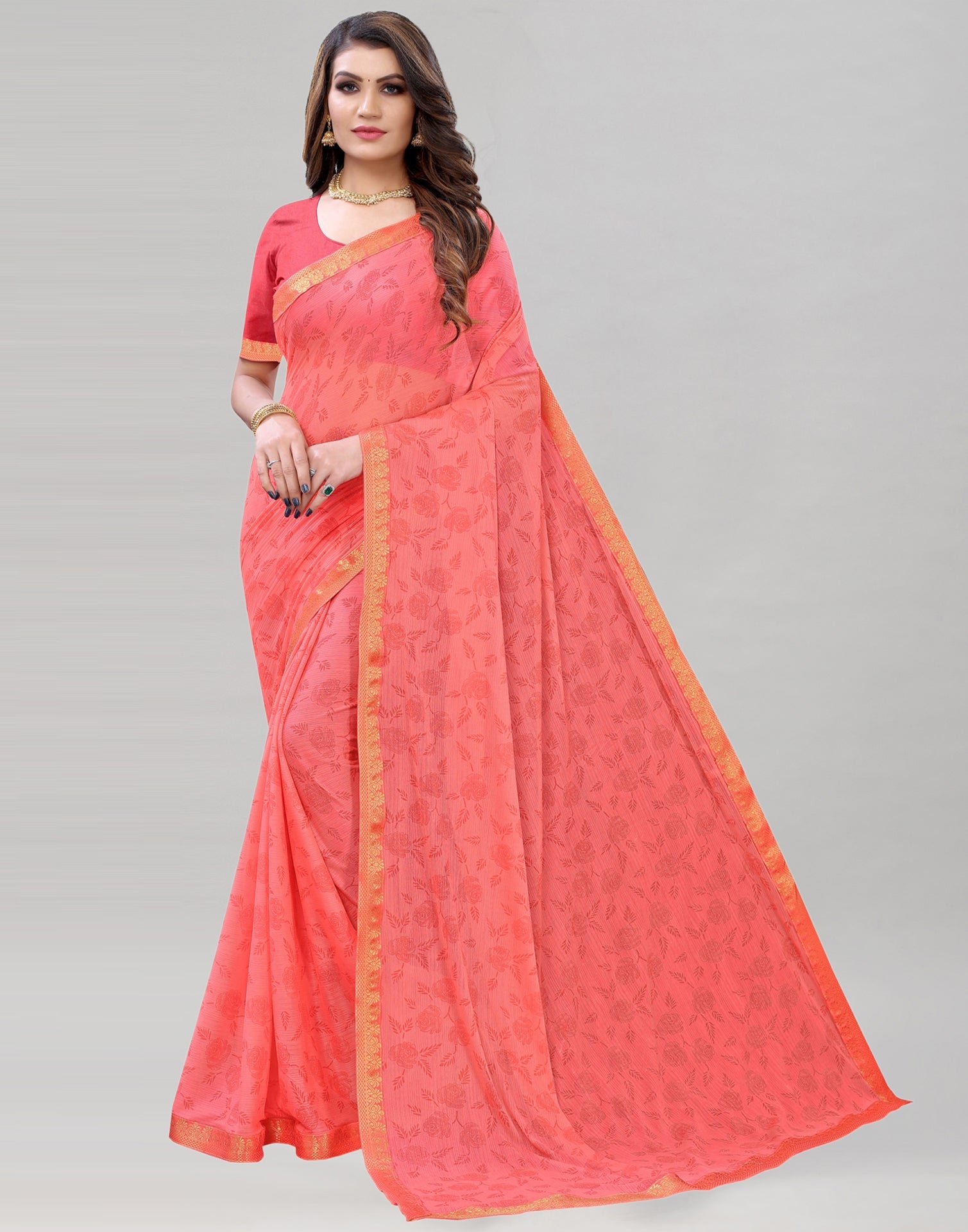 Coral Red Printed Saree | 1948S153