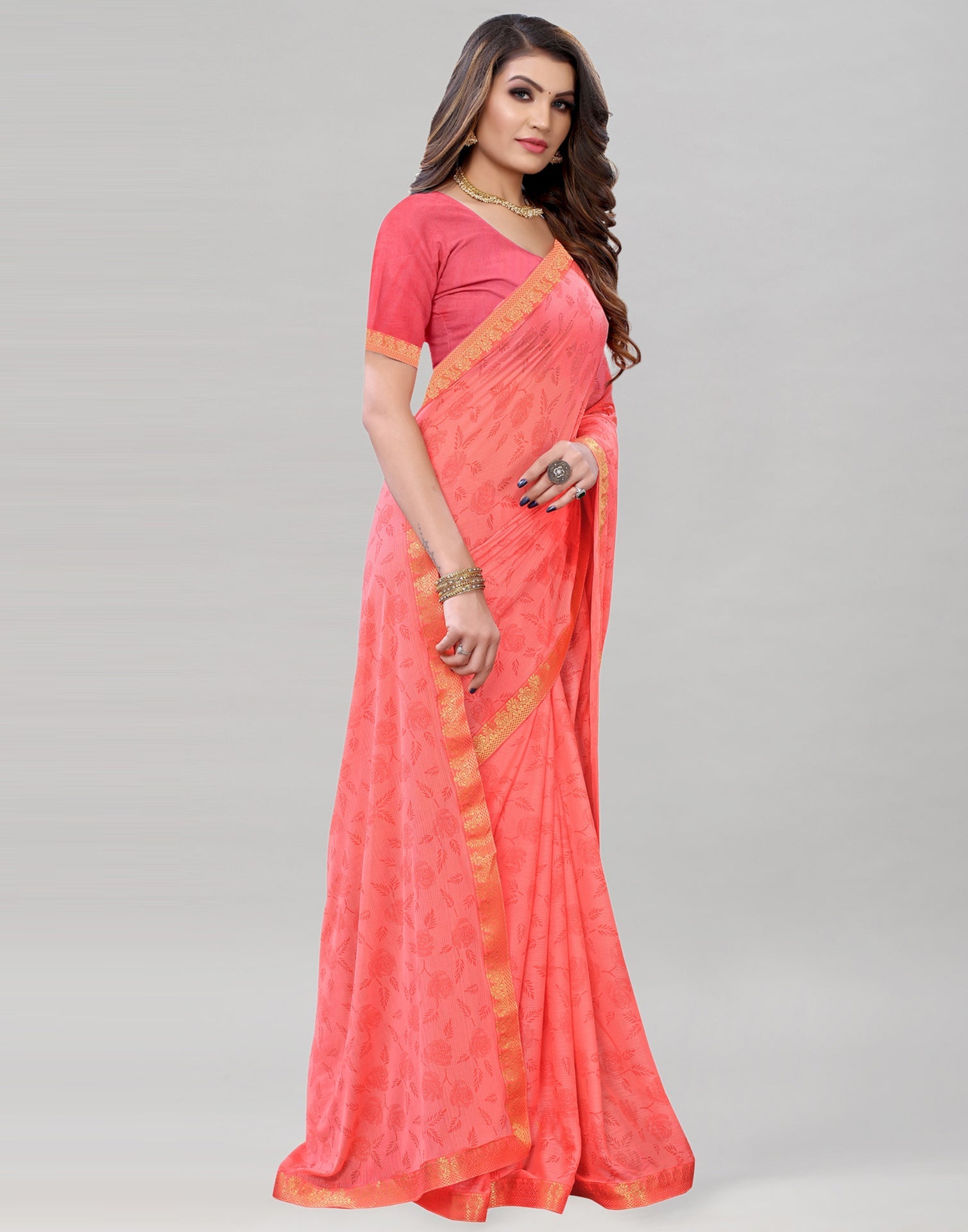 Coral Red Printed Saree | 1948S153