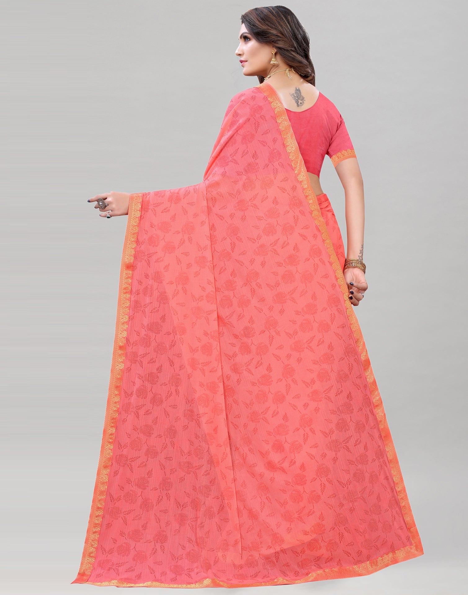 Coral Red Printed Saree | 1948S153