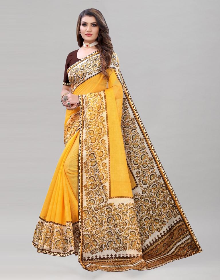 Mustard Yellow Cotton Printed Saree | 1954S318