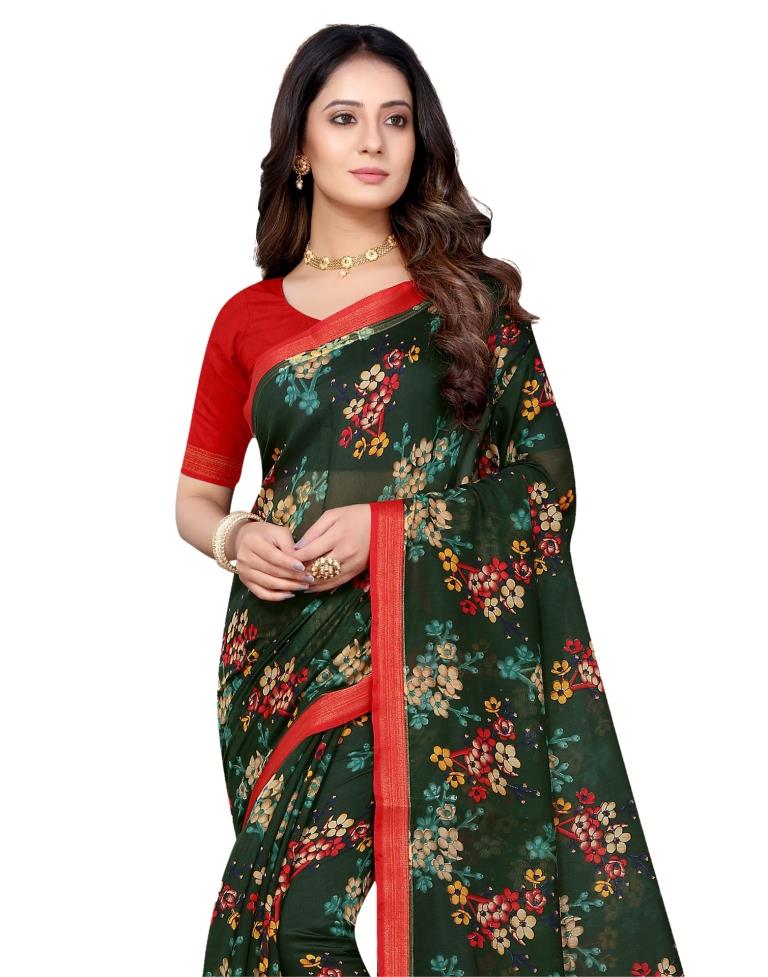 Bottle Green Cotton Printed Saree | 1961S24575