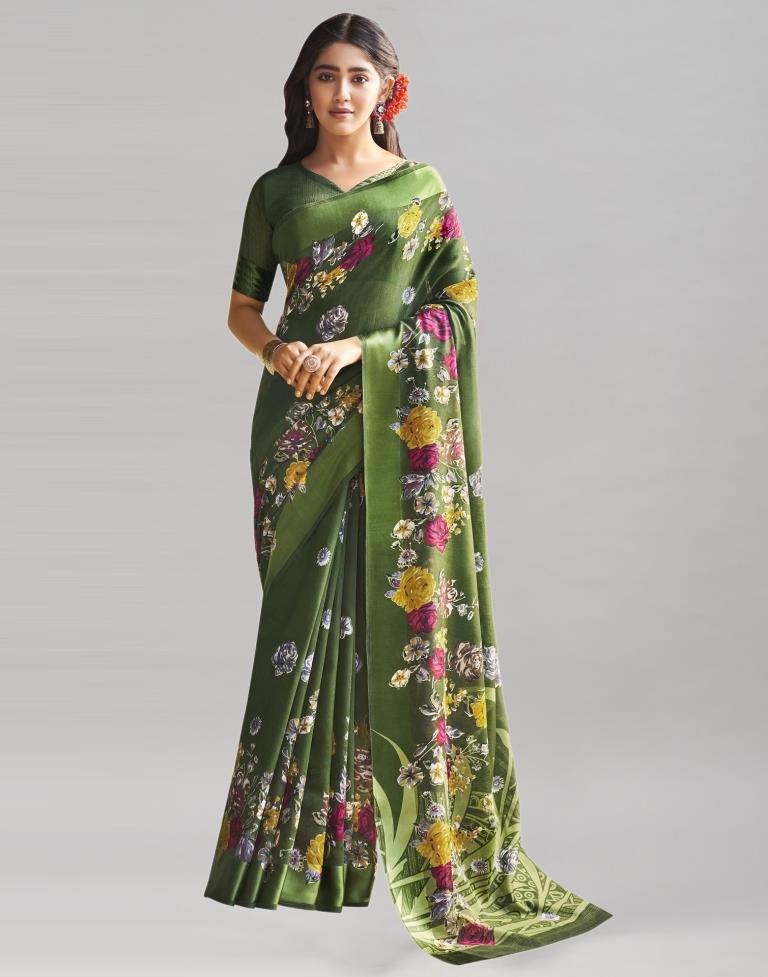 Olive Green Cotton Printed Saree | 1968S6152