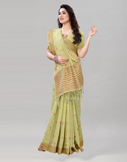 Pista Green Embroidered Cotton Saree | 1987S285