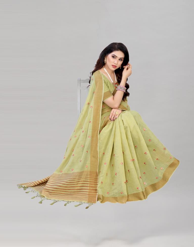 Pista Green Embroidered Cotton Saree | 1987S285