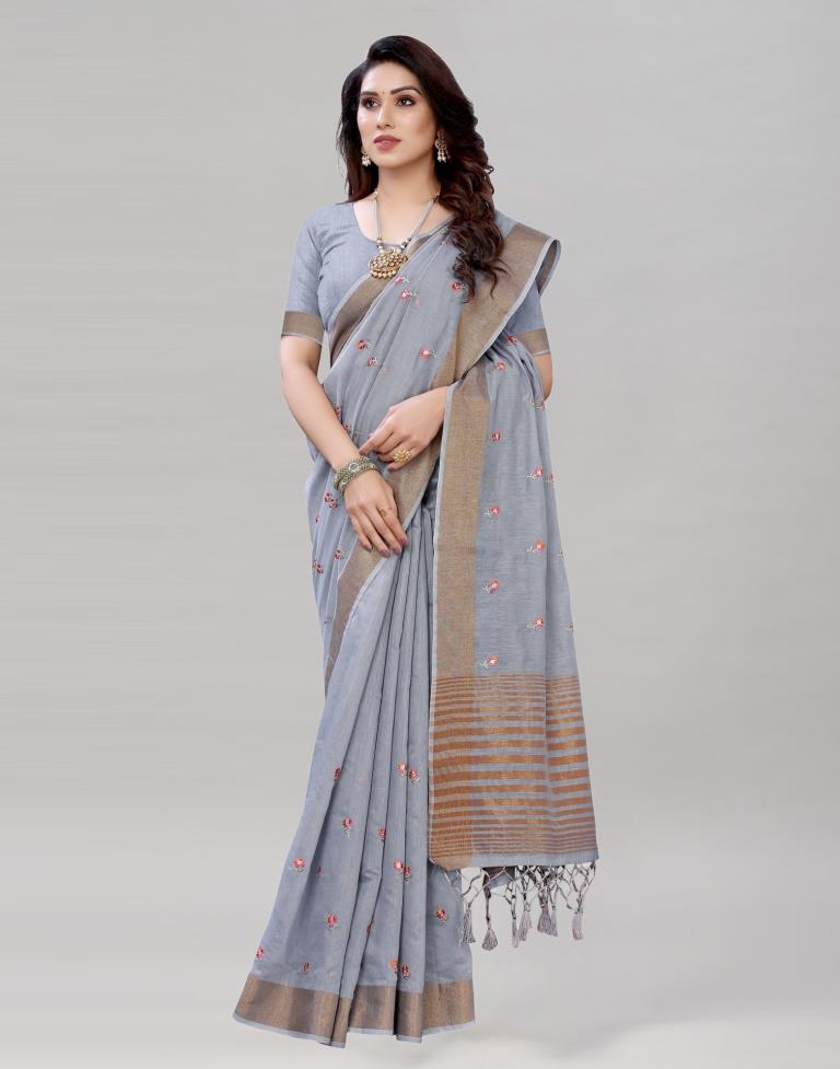 Grey Embroidered Cotton Saree | 1987S288
