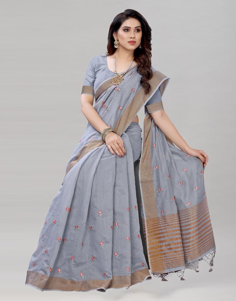 Grey Embroidered Cotton Saree | 1987S288