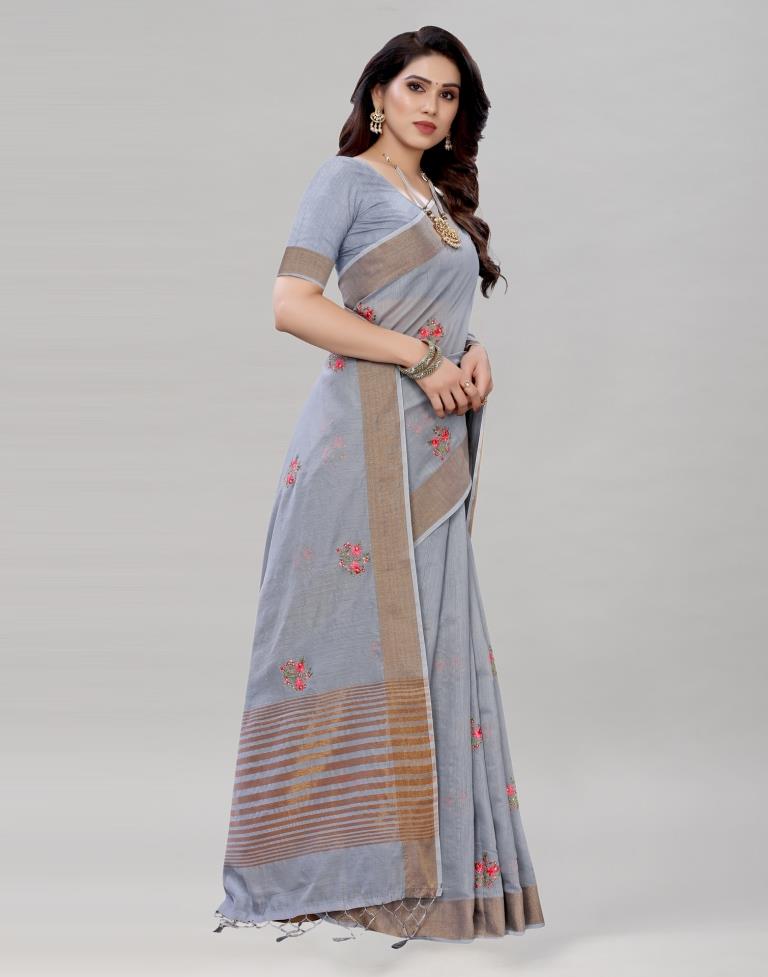 Grey Embroidered Cotton Saree | 1987S296