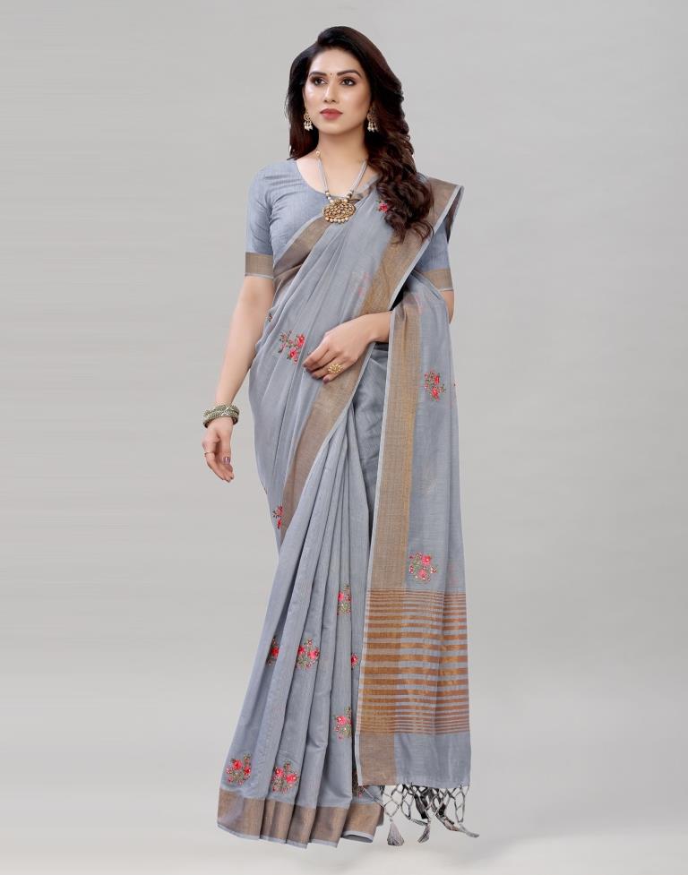 Grey Embroidered Cotton Saree | 1987S296