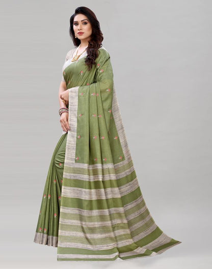 Olive Green Embroidered Silk Saree | 1988S308