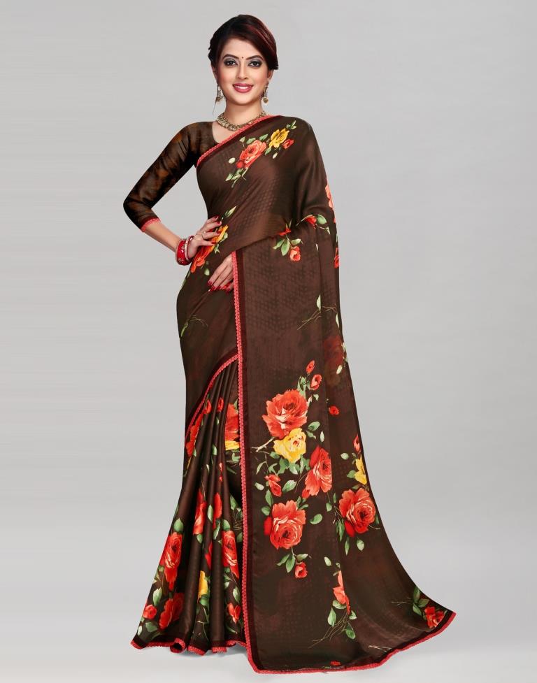 Coffee Brown Chinon Printed Saree | 2016S404