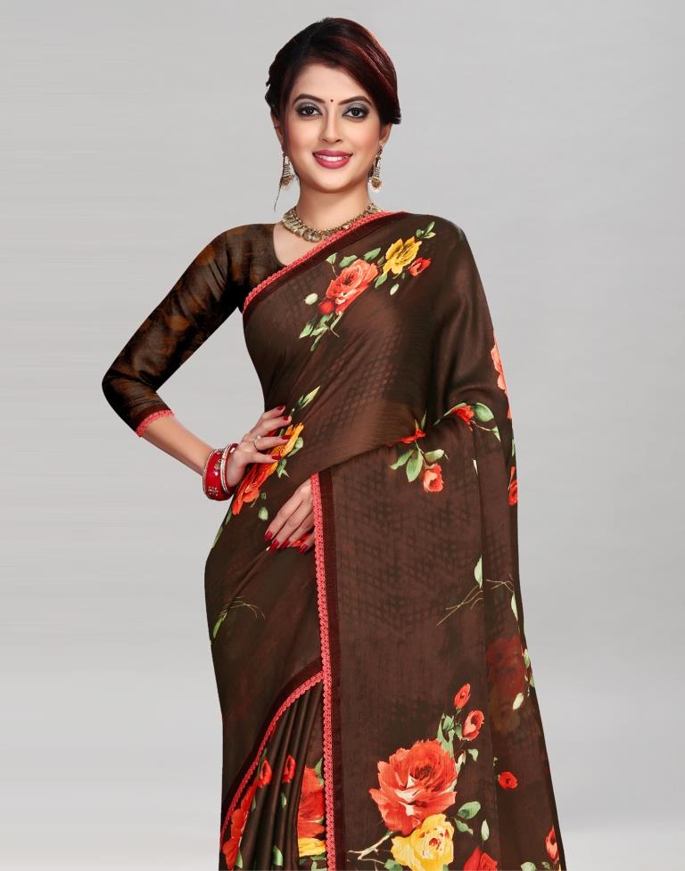 Coffee Brown Chinon Printed Saree | 2016S404