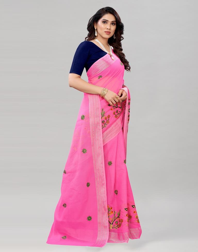 Pink Embroidered Cotton Saree | 2027S292