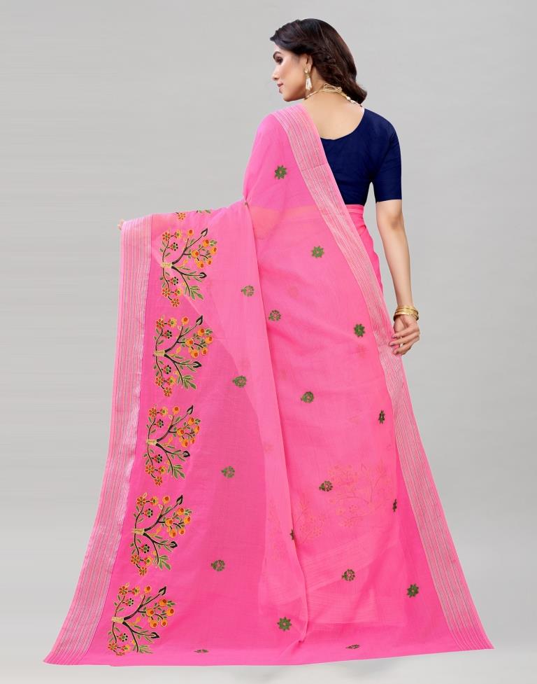 Pink Embroidered Cotton Saree | 2027S292