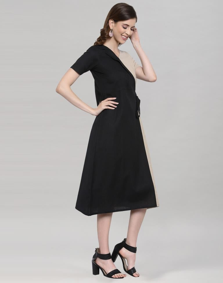 Black &amp; Beige Coloured Cotton Flex Plain Dress  | SLV202TK3024
