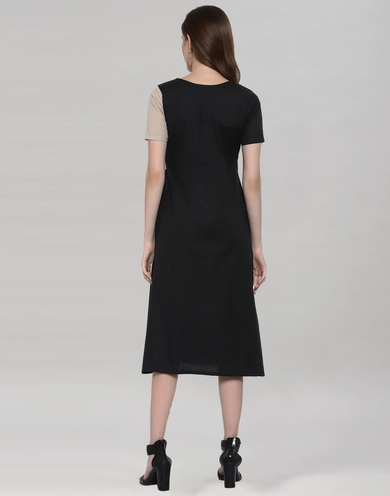 Black &amp; Beige Coloured Cotton Flex Plain Dress  | SLV202TK3024