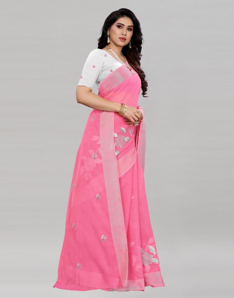 Pink Embroidered Cotton Saree | 2036S603