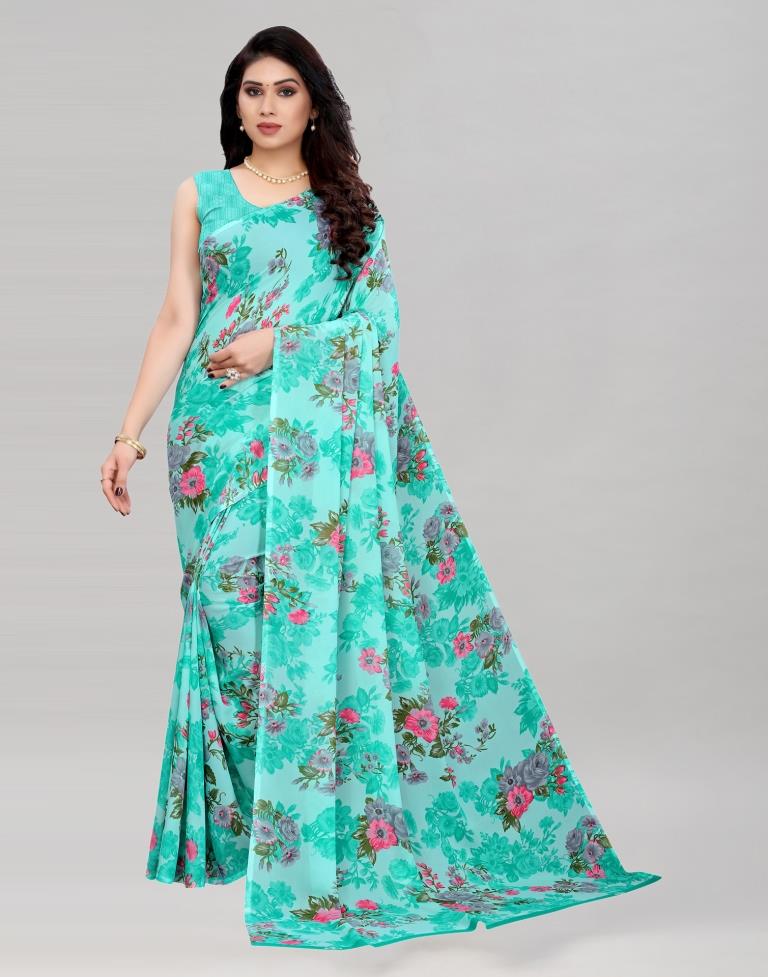 Gleaming Aqua Blue Printed Saree | 2041S576