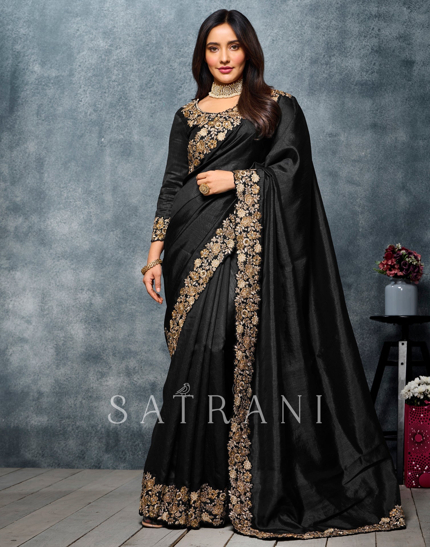 Party Wear Black Color Georgette Base Designer Saree