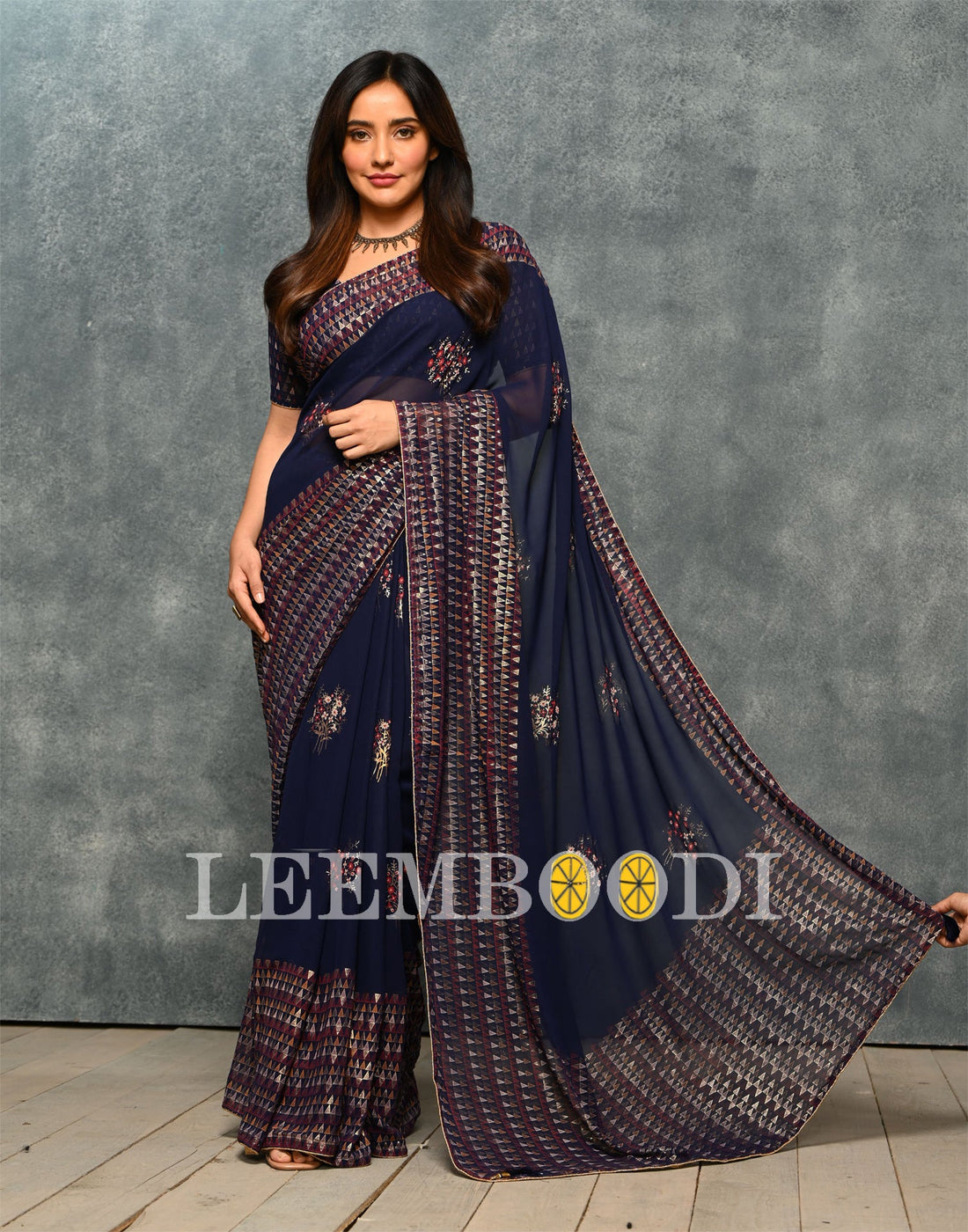 Navy Blue Coloured Georgette Foil And Pigment Printed Partywear Saree | SLV2170S481