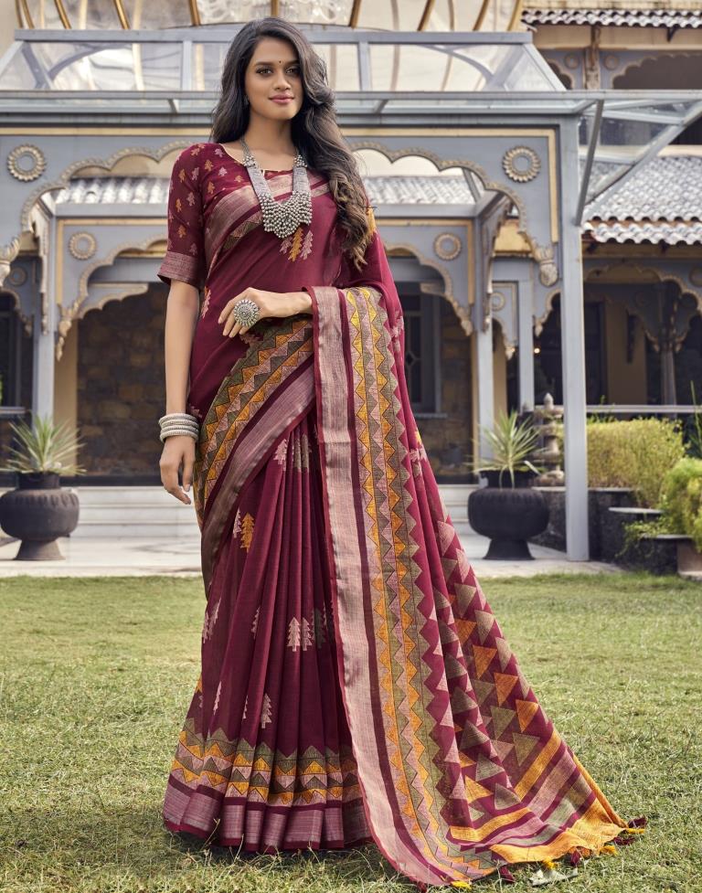 Maroon Coloured Poly Cotton Printed Saree | SLV2227S9115