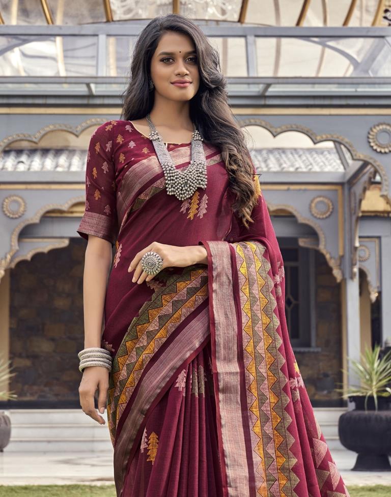 Maroon Coloured Poly Cotton Printed Saree | SLV2227S9115