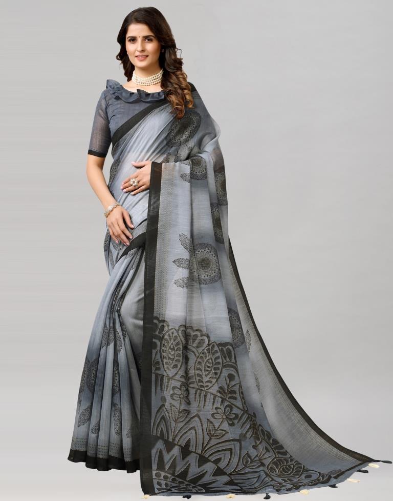 Steel Grey Coloured Poly Cotton Printed Saree | SLV2228S129