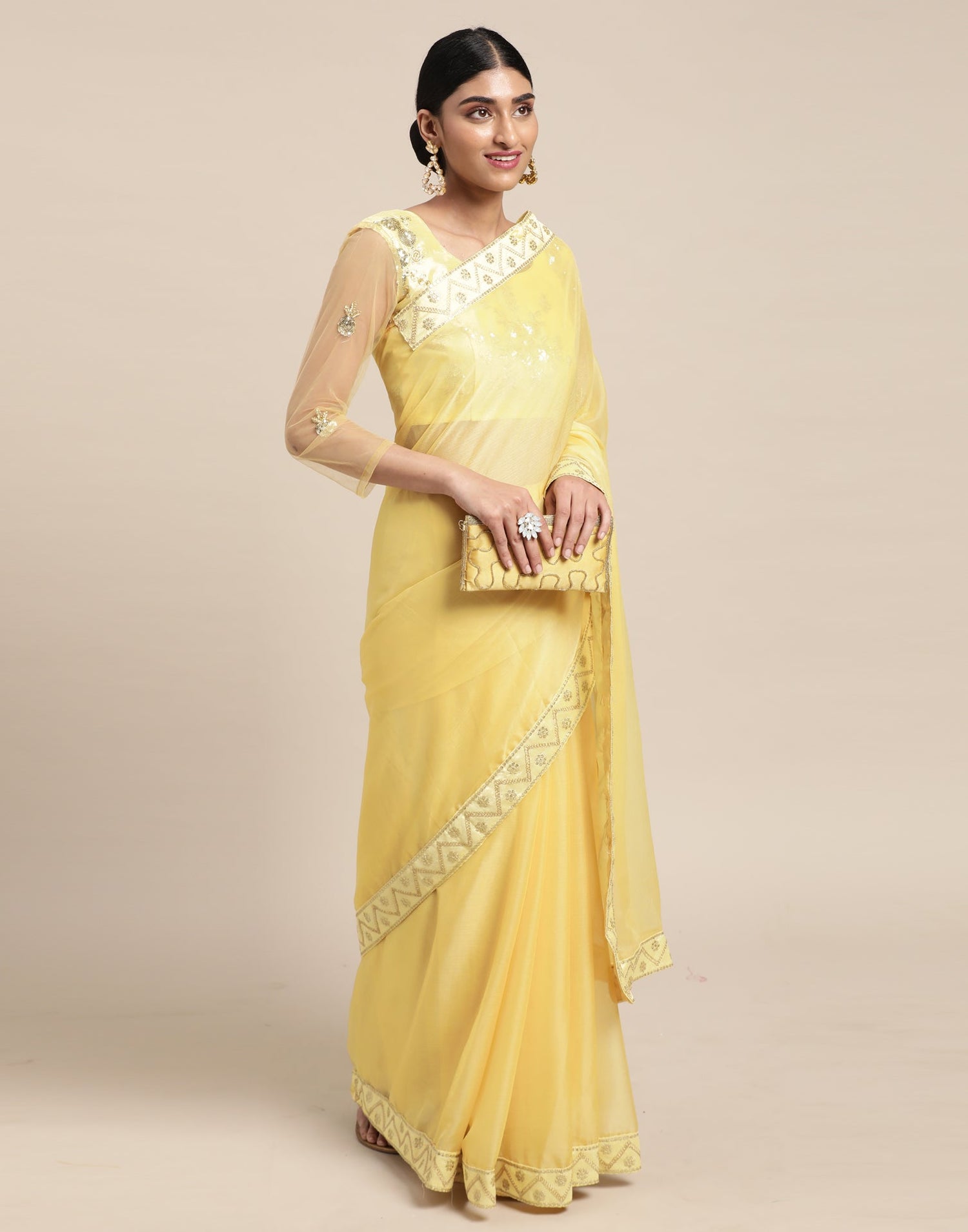 Light Yellow Chiffon Saree