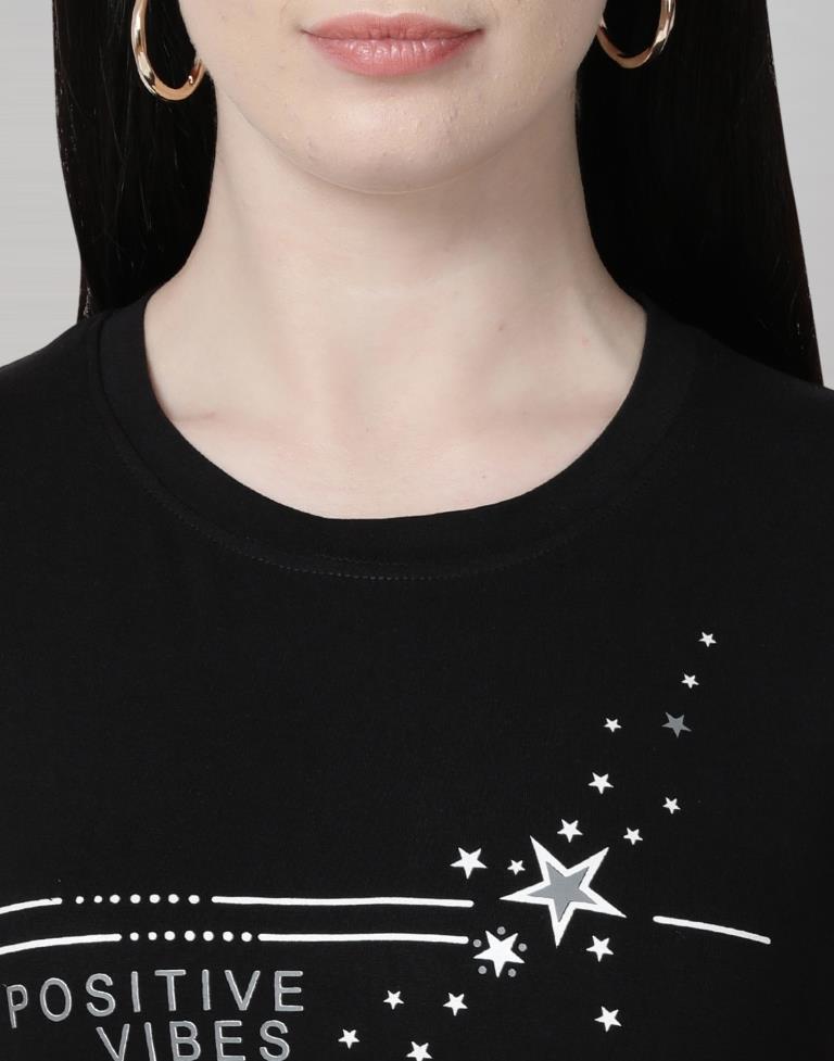 Black Colored Lycra Printed T-shirt | SLV233TK4043