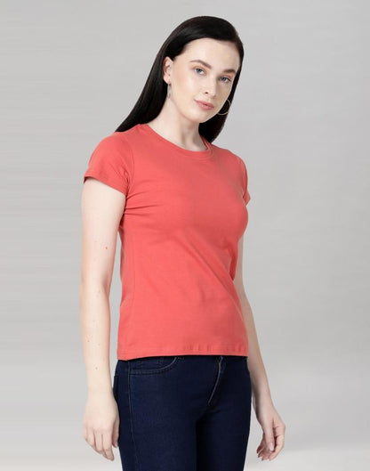 Dark Peach Colored Lycra Knitted T-shirt | SLV233TK4048
