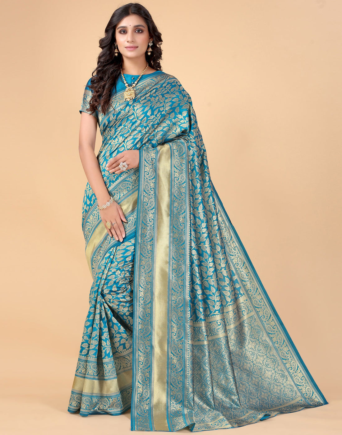 Peacock Blue And Golden Silk Saree