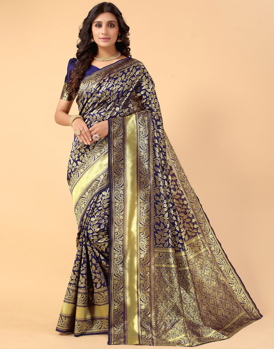 Navy Blue And Golden Silk Saree