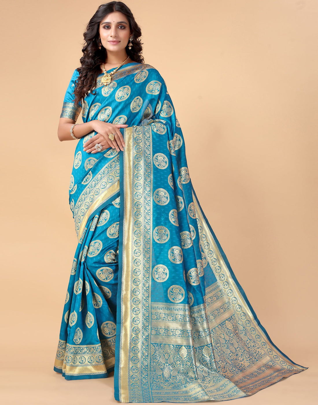 Peacock Blue And Golden Silk Saree
