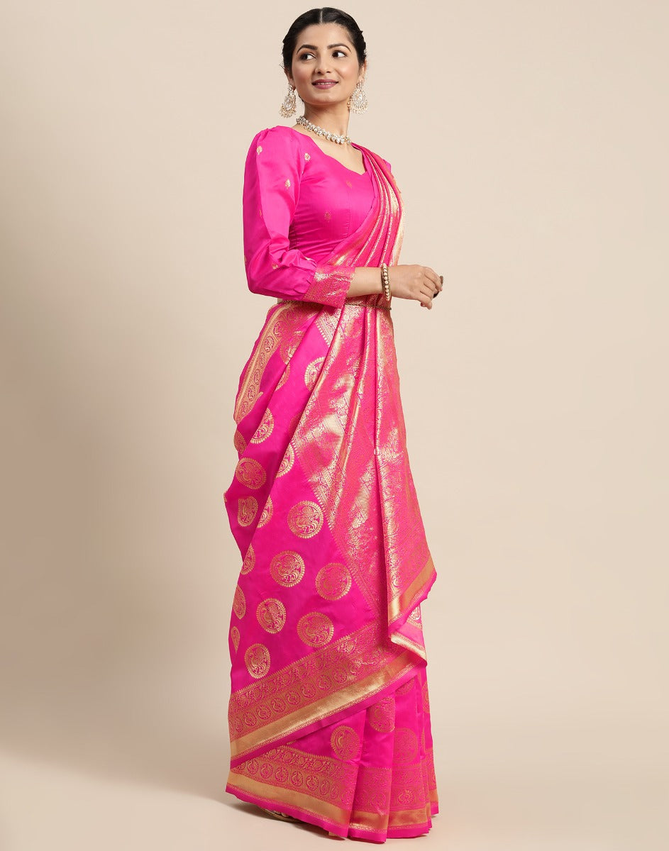 Pink And Golden Silk Saree