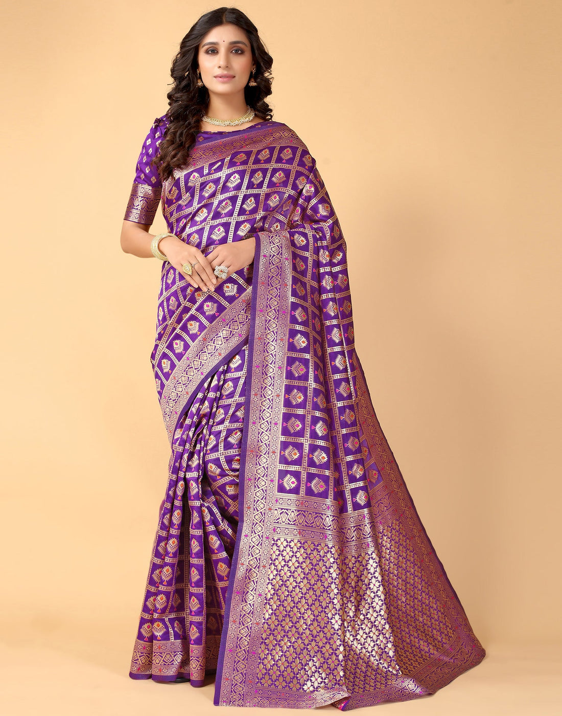 Violet And Golden Silk Saree