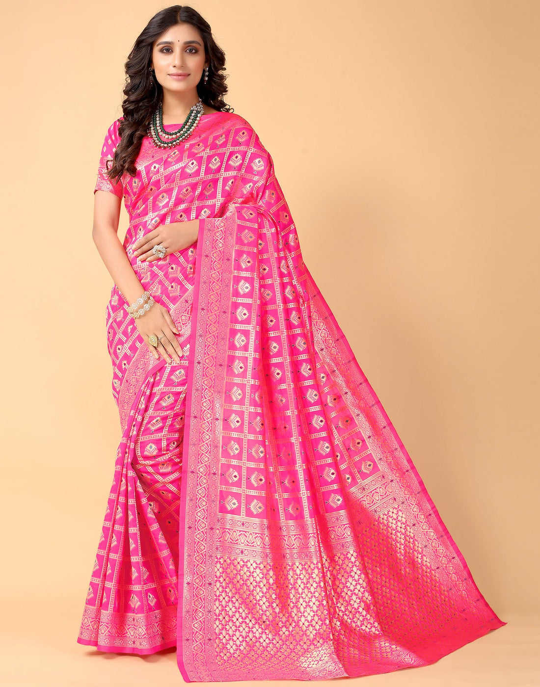 Pink And Golden Silk Saree