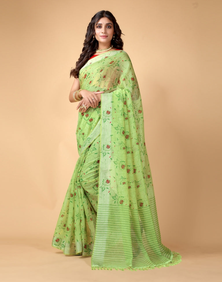 Parrot Green Floral Cotton Saree | SLV2366S234
