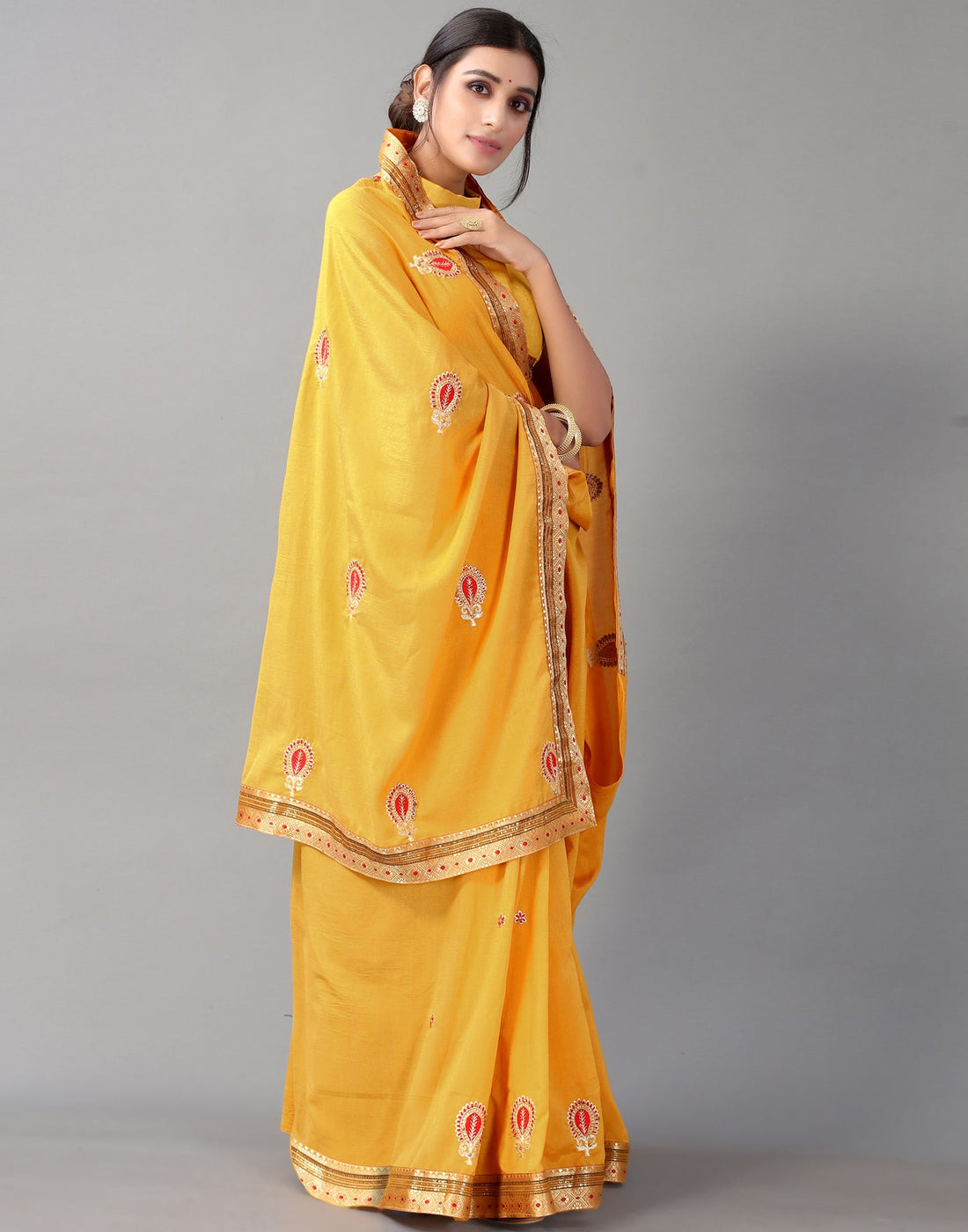 Mustard Yellow Embroidery Saree