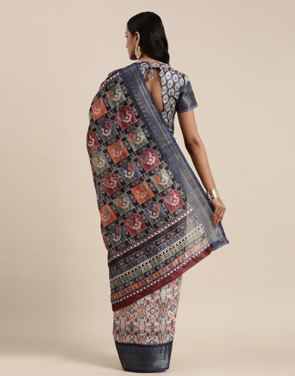 Cream And Blue Viscose Saree