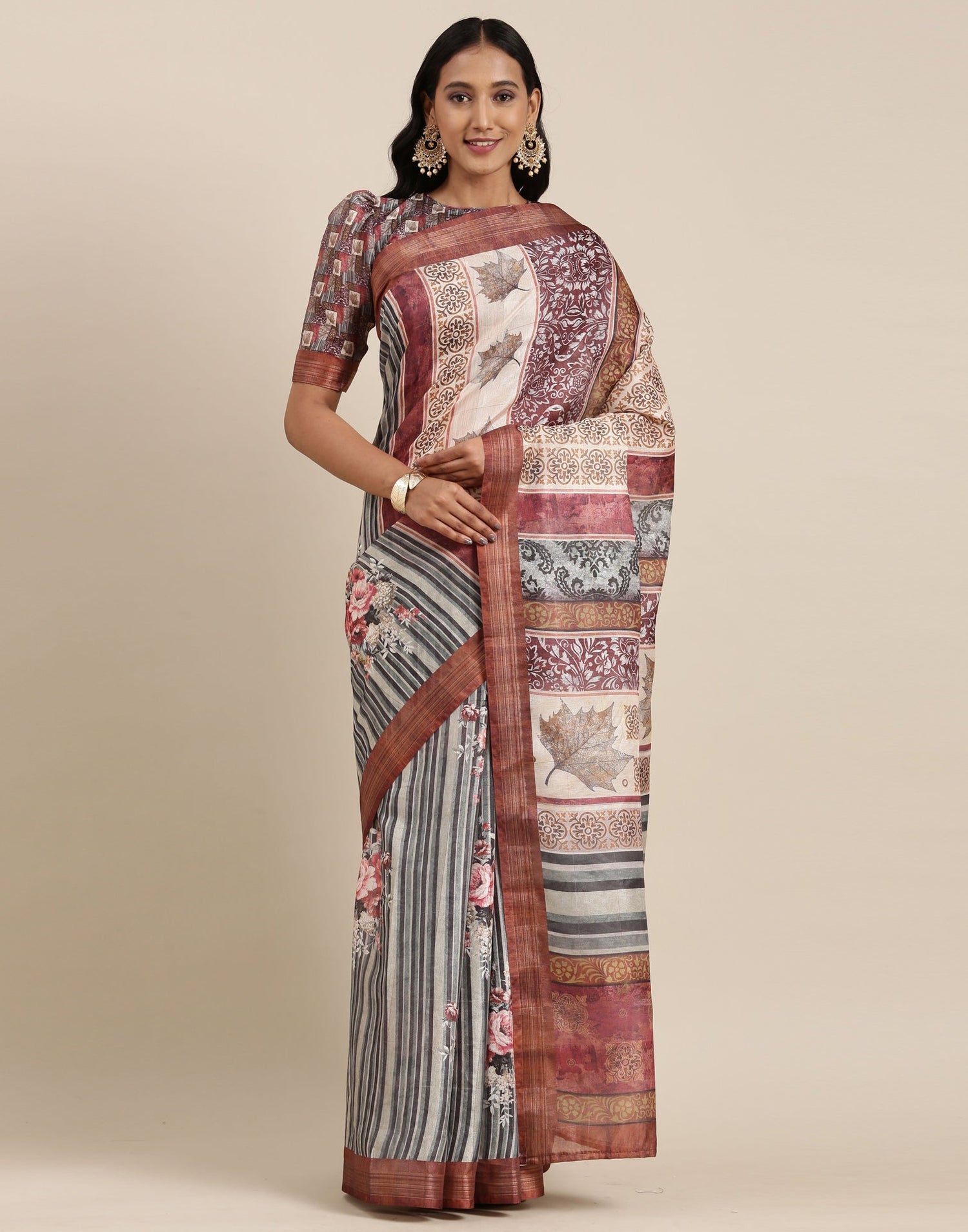 Dusty Green And Multicolored Viscose Saree
