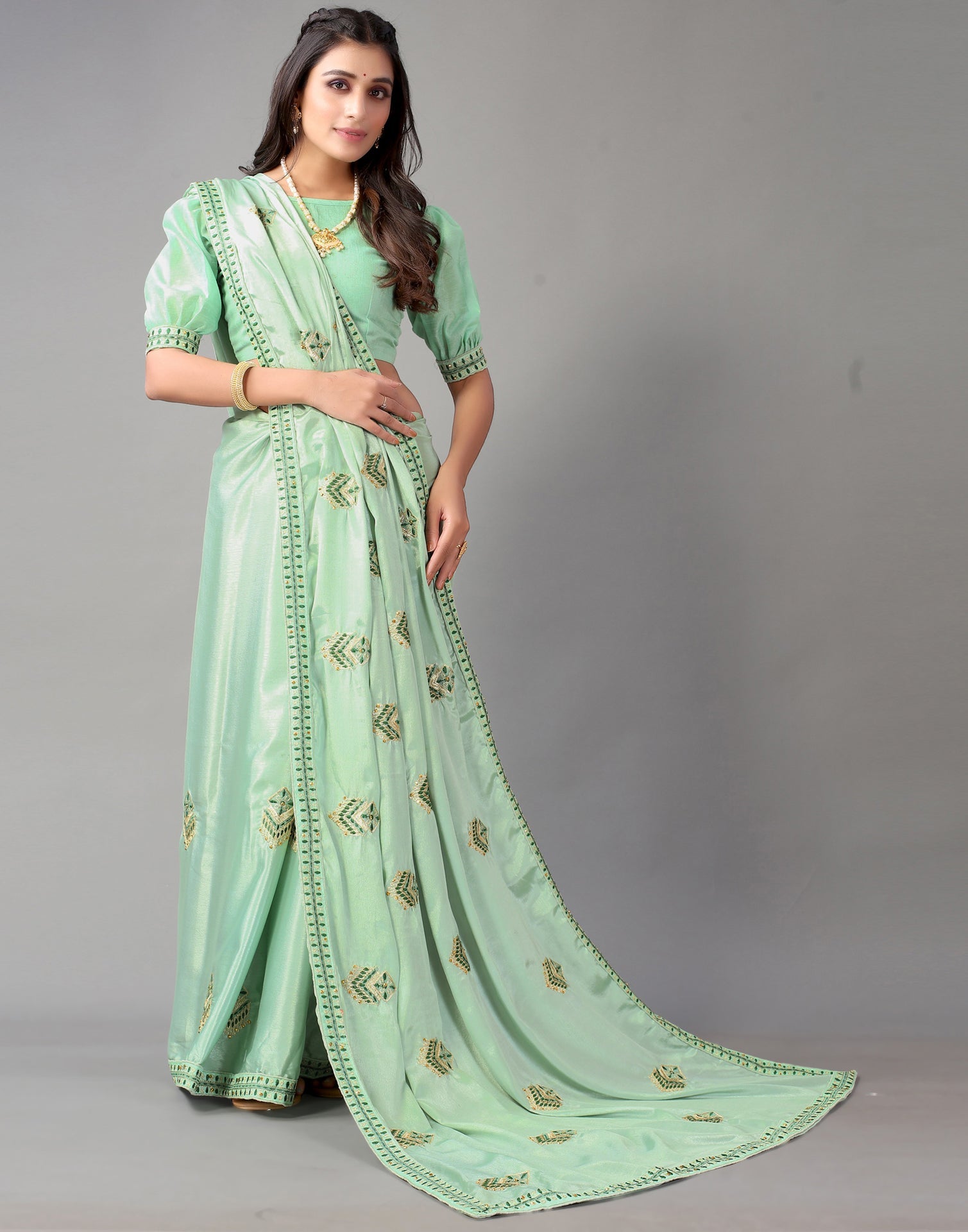 Pista Green Embroidery Saree