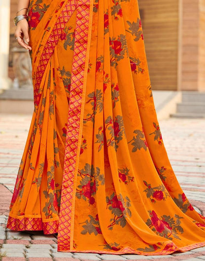Orange Floral Printed Saree