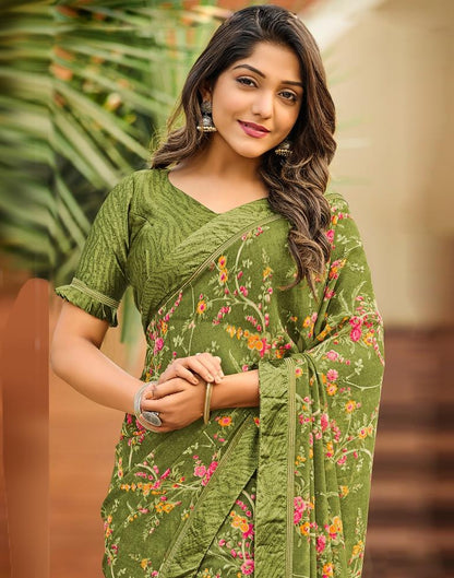 Olive Green Floral Printed Saree