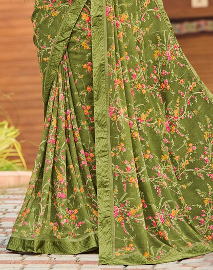 Olive Green Floral Printed Saree
