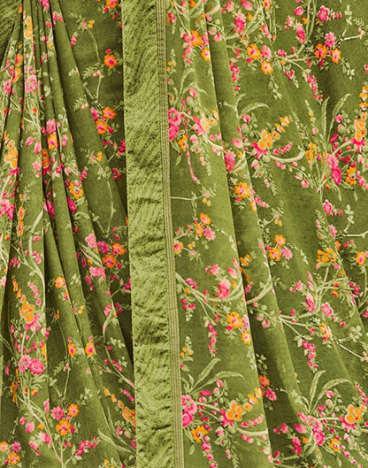 Olive Green Floral Printed Saree