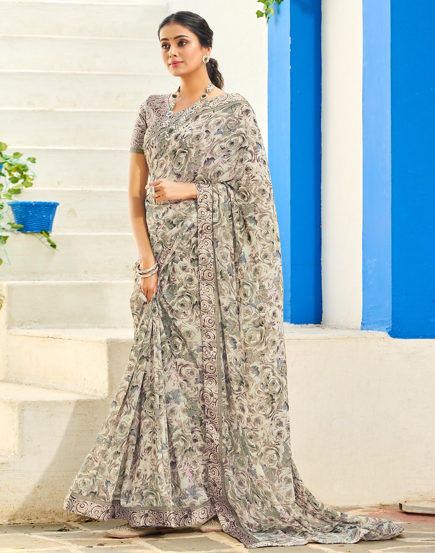 Light Beige Floral Printed Saree